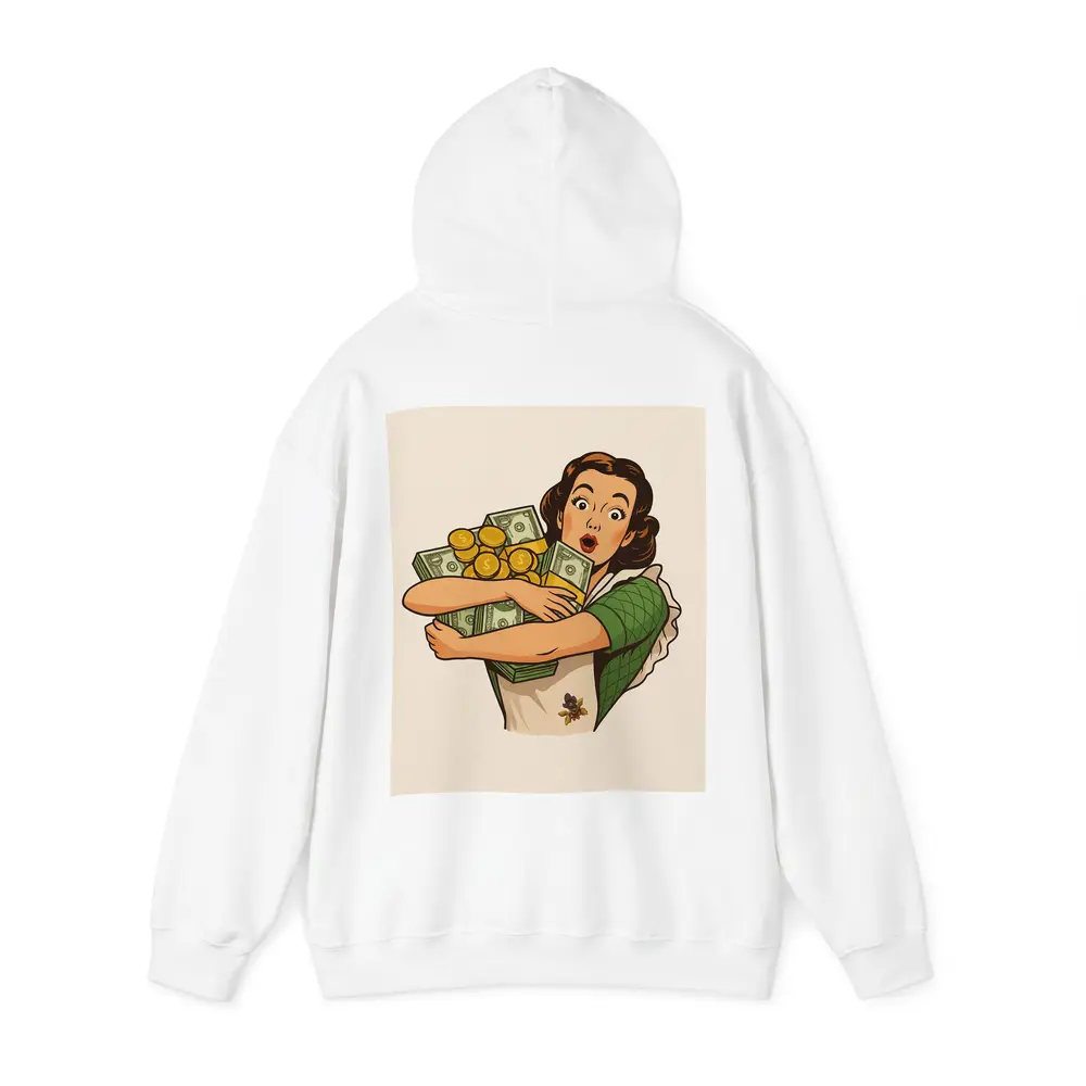 Retro Woman Hugging Cash And Gold Coins – Hoodies