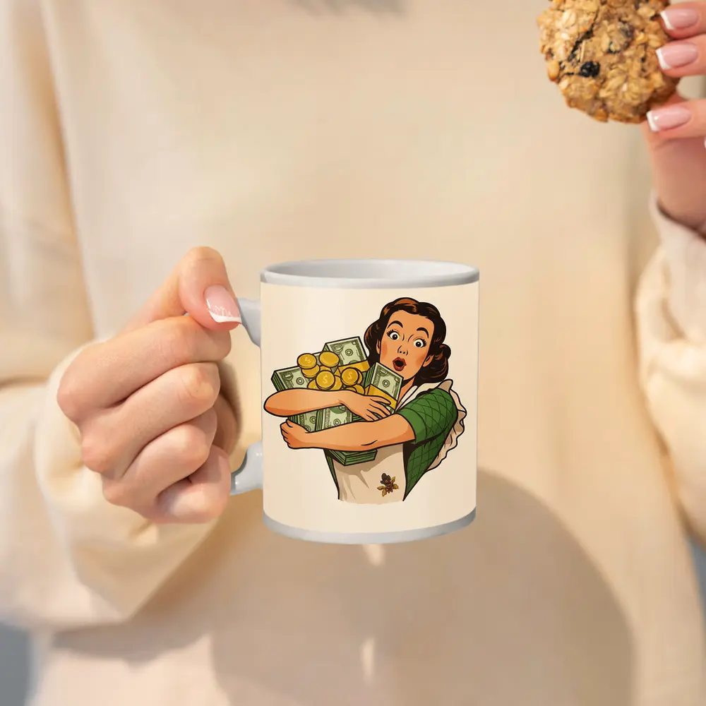Retro Woman Hugging Cash And Gold Coins – Mugs