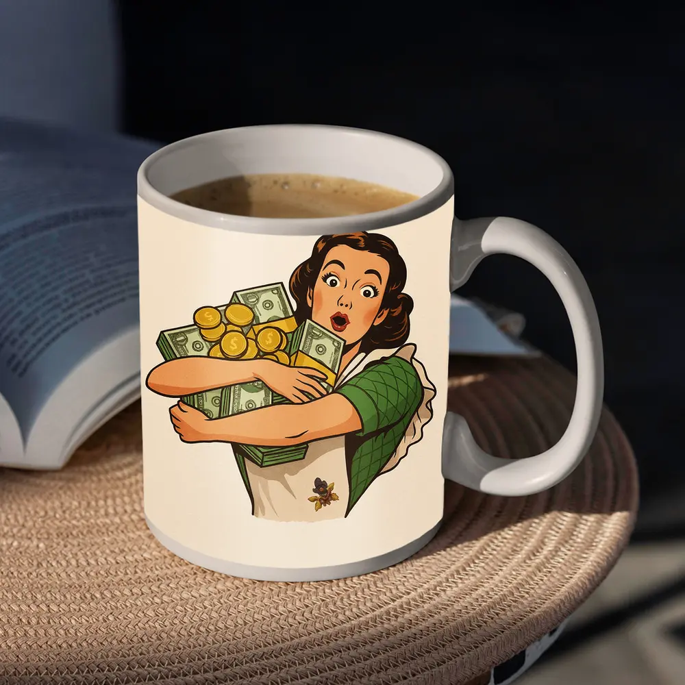 Retro Woman Hugging Cash And Gold Coins – Mugs