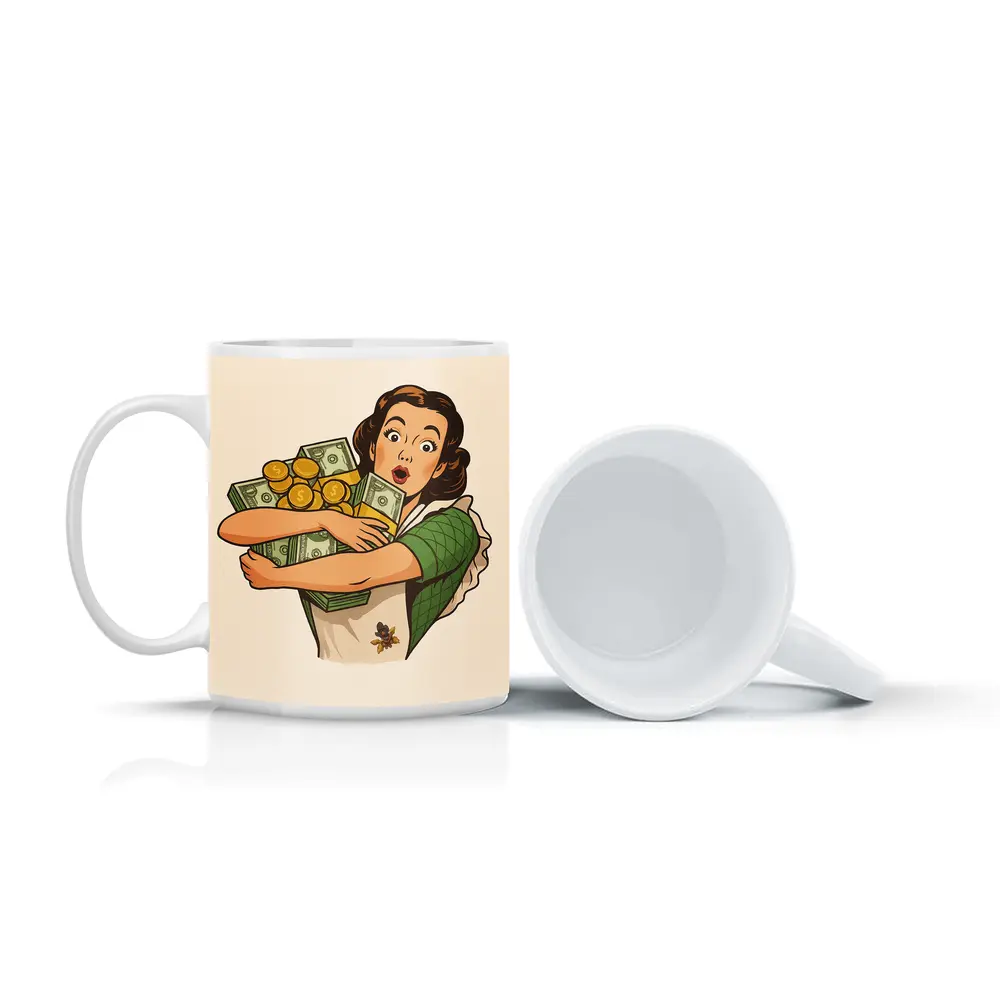 Retro Woman Hugging Cash And Gold Coins – Mugs