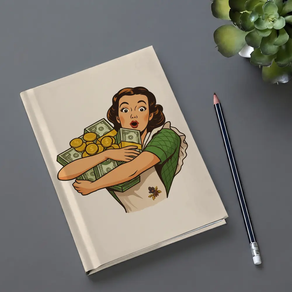 Retro Woman Hugging Cash And Gold Coins – Notebooks