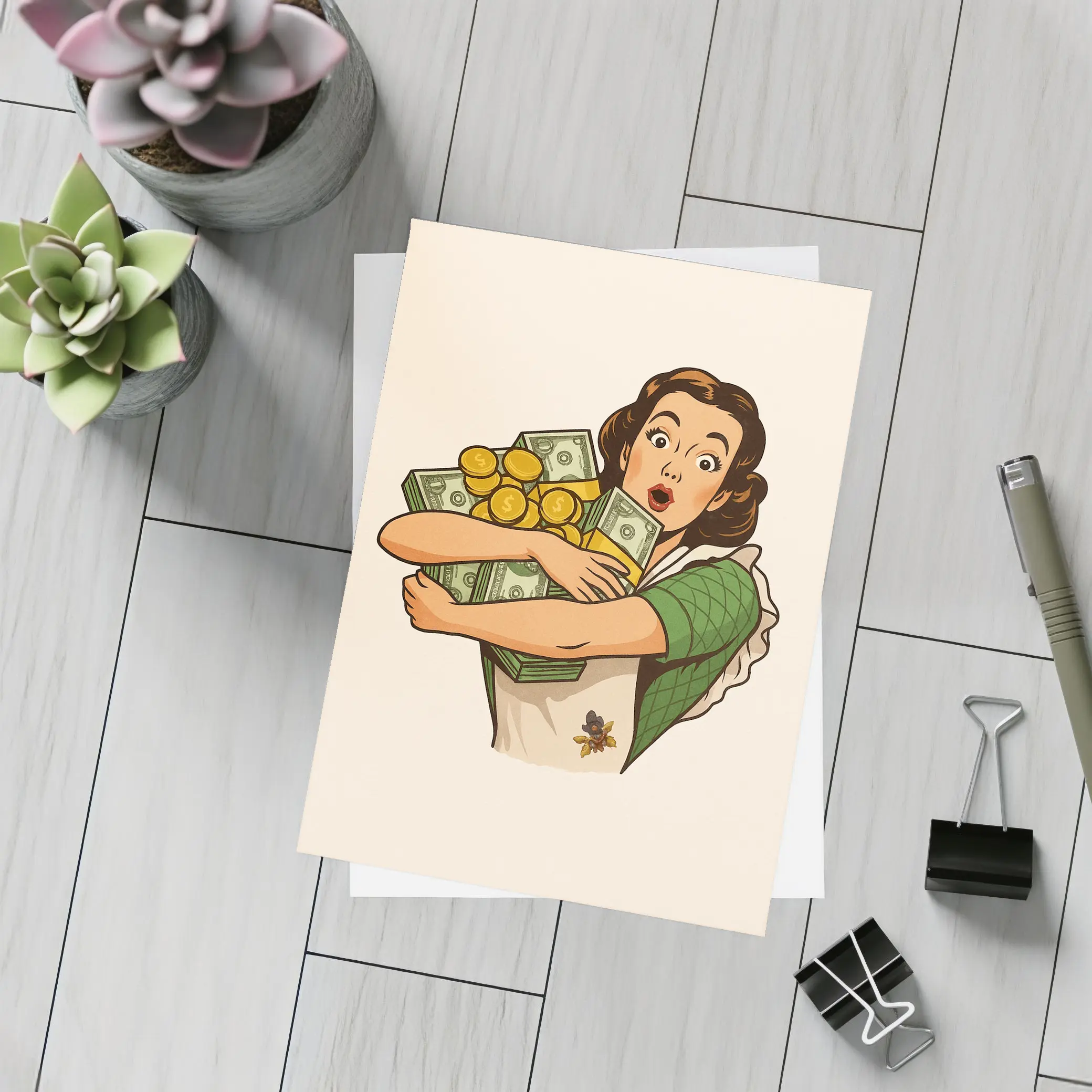 Retro Woman Hugging Cash And Gold Coins – Postcards