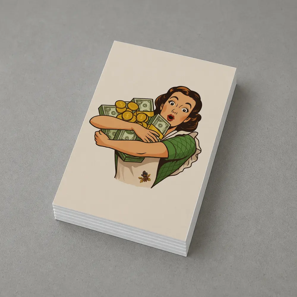 Retro Woman Hugging Cash And Gold Coins – Postcards