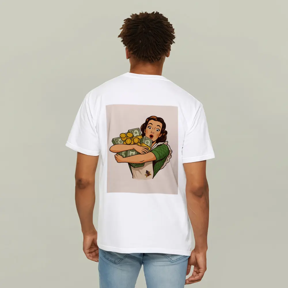 Retro Woman Hugging Cash And Gold Coins – T-Shirts