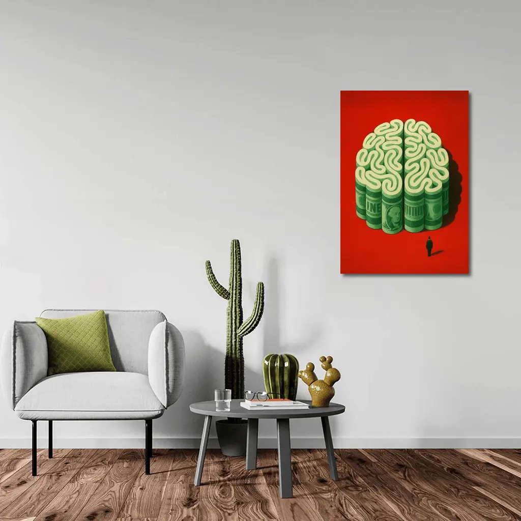 Money Brain Illustration Man Red Background – Wall Art