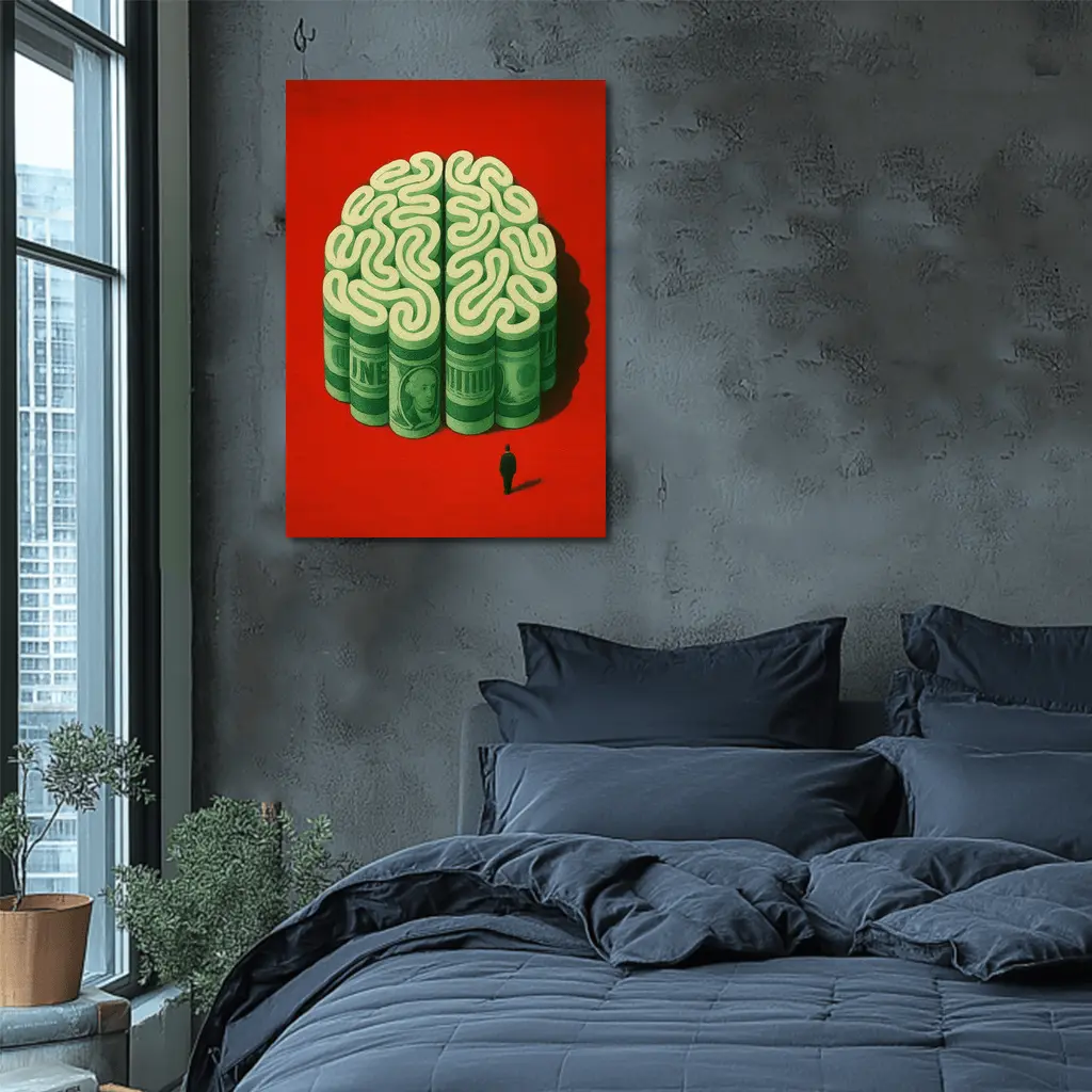 Money Brain Illustration Man Red Background – Wall Art