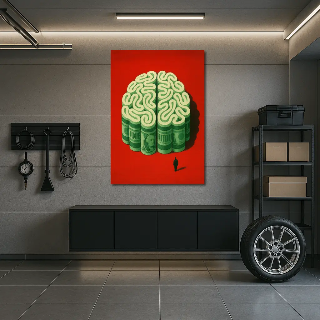 Money Brain Illustration Man Red Background – Wall Art