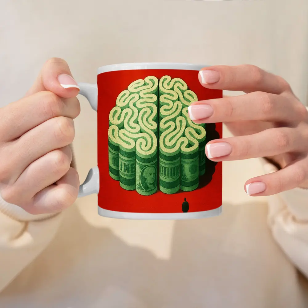 Money Brain Illustration Man Red Background – Mugs