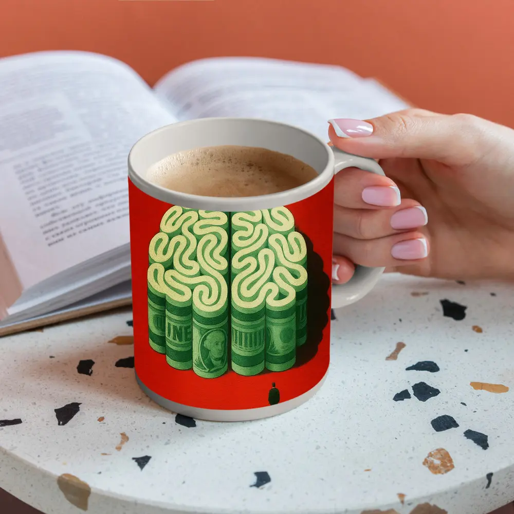 Money Brain Illustration Man Red Background – Mugs