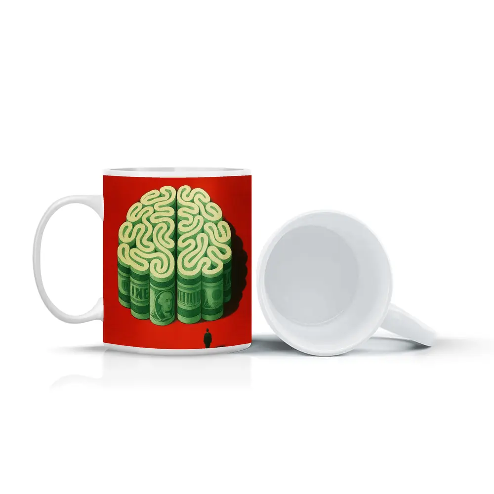Money Brain Illustration Man Red Background – Mugs