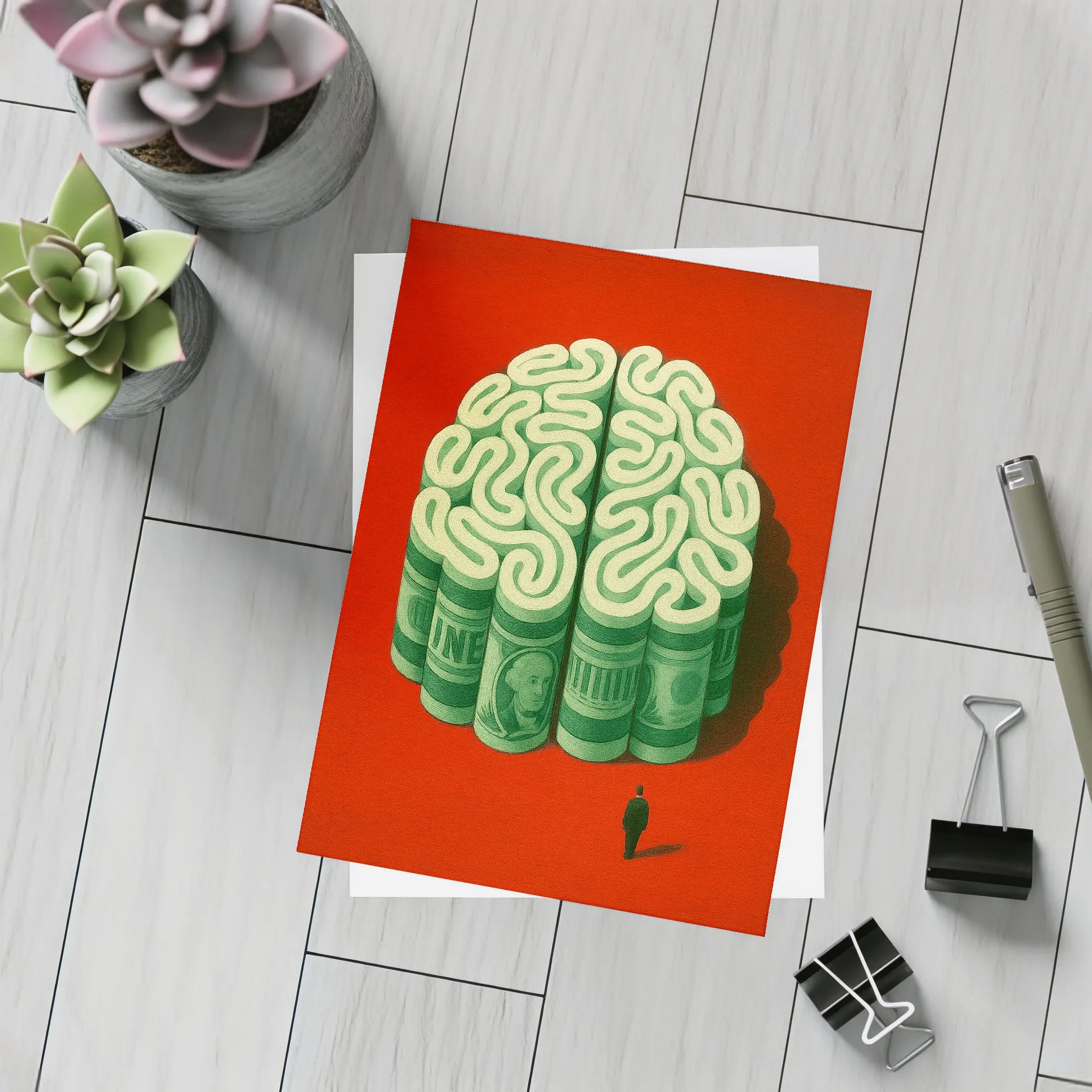Money Brain Illustration Man Red Background – Postcards