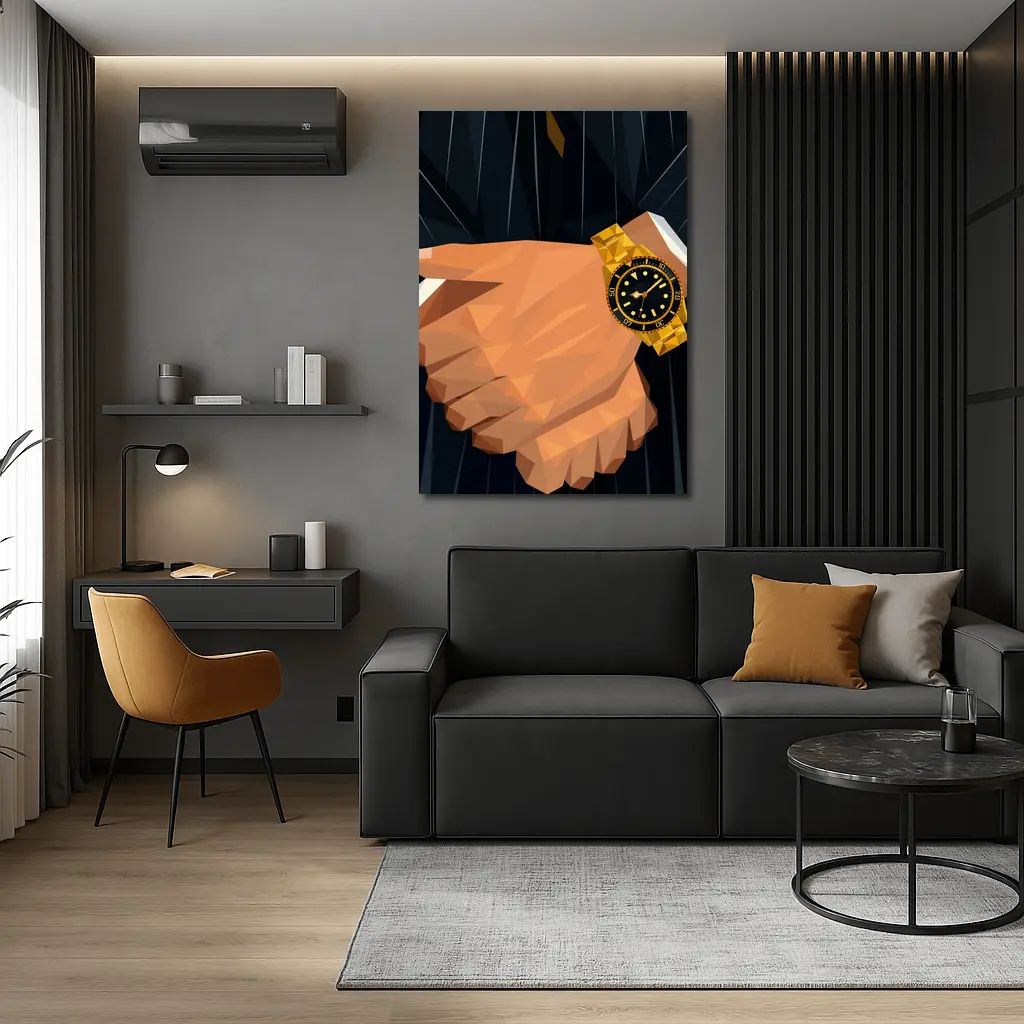 Gold Watch Low Poly Man Dark Suit – Wall Art
