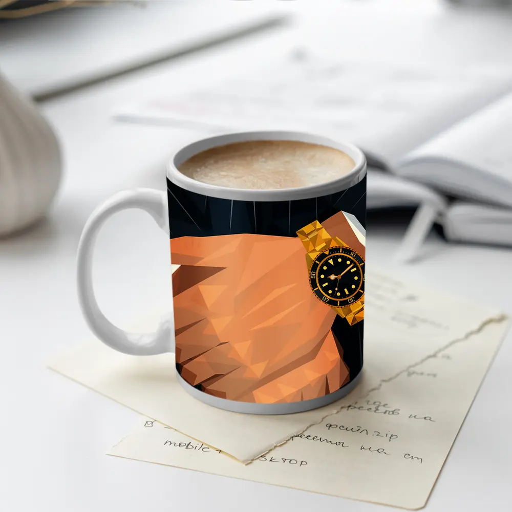 Gold Watch Low Poly Man Dark Suit – Mugs