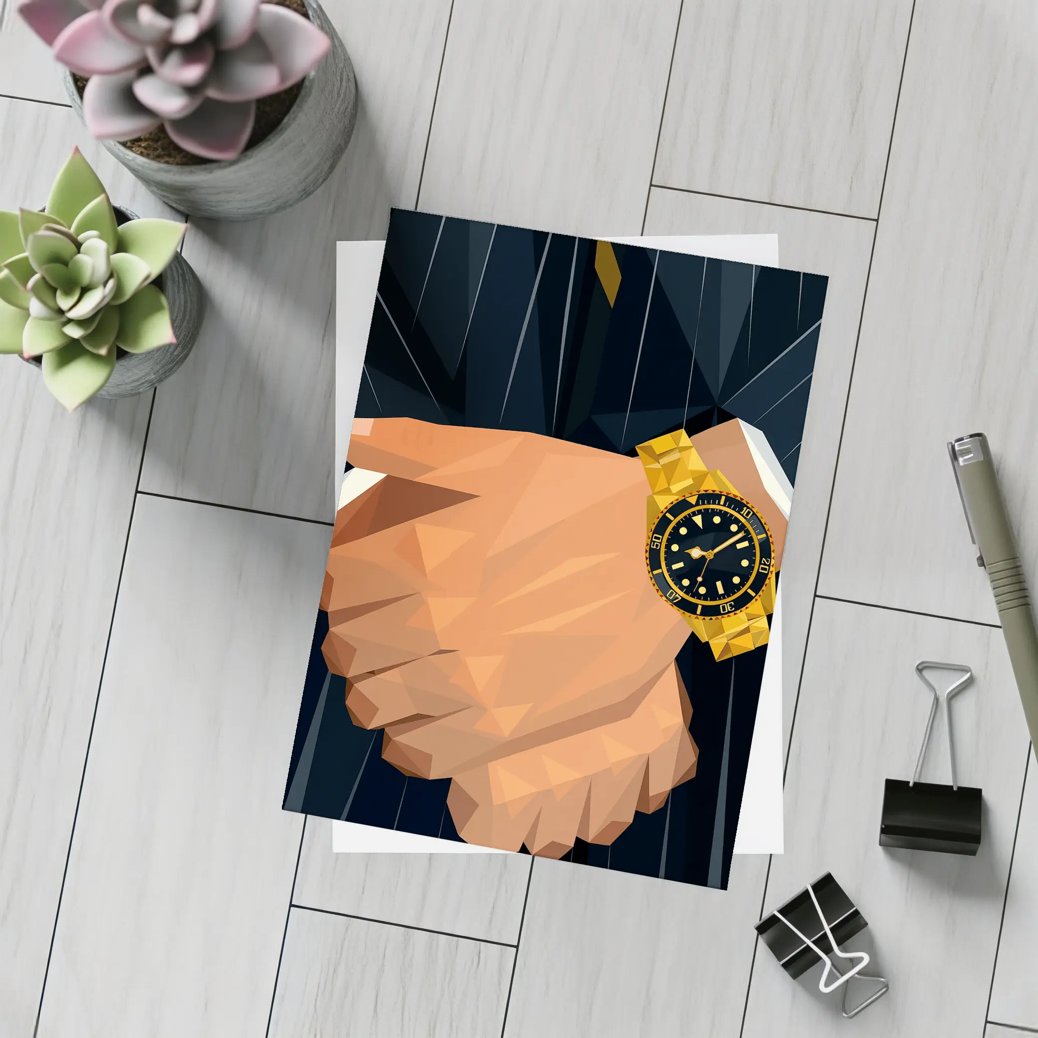 Gold Watch Low Poly Man Dark Suit – Postcards