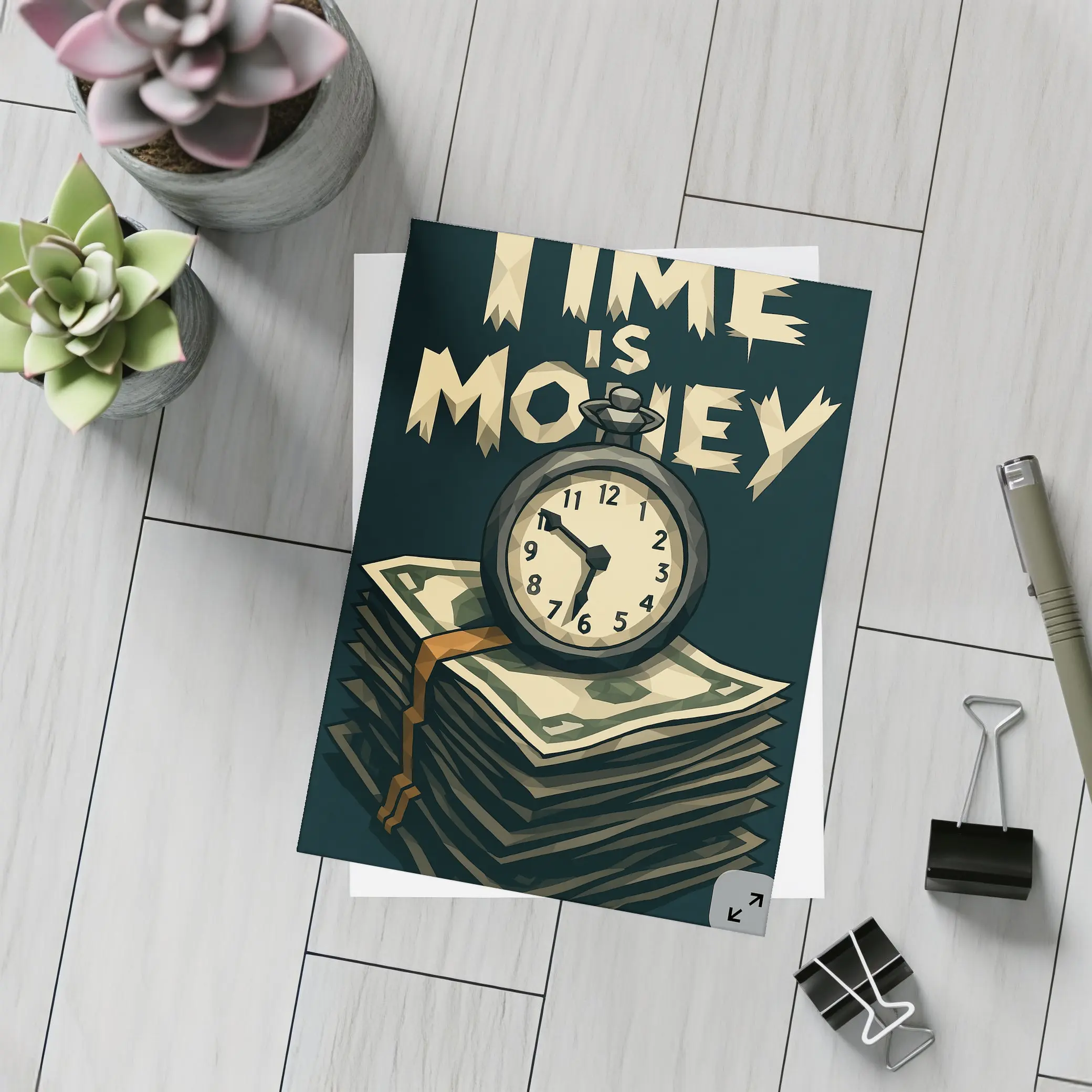 Time Is Money Pocket Watch Cash Stack – Postcards