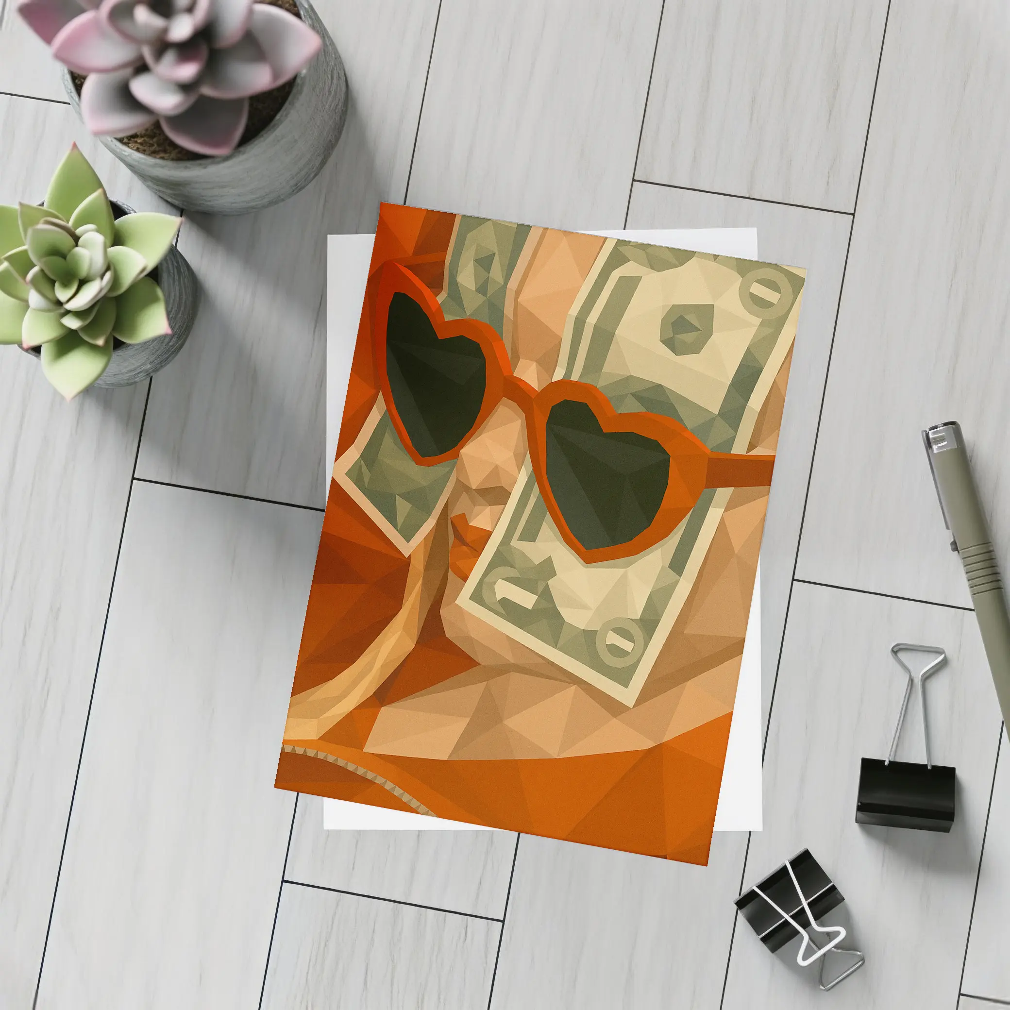 Woman Heart Sunglasses Dollar Bills Low Poly – Postcards