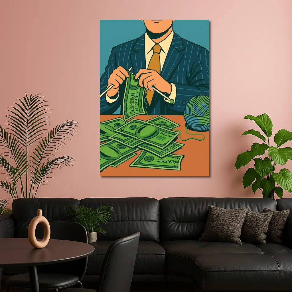 Businessman Knitting Money Bills Dark Illustration – Wall Art