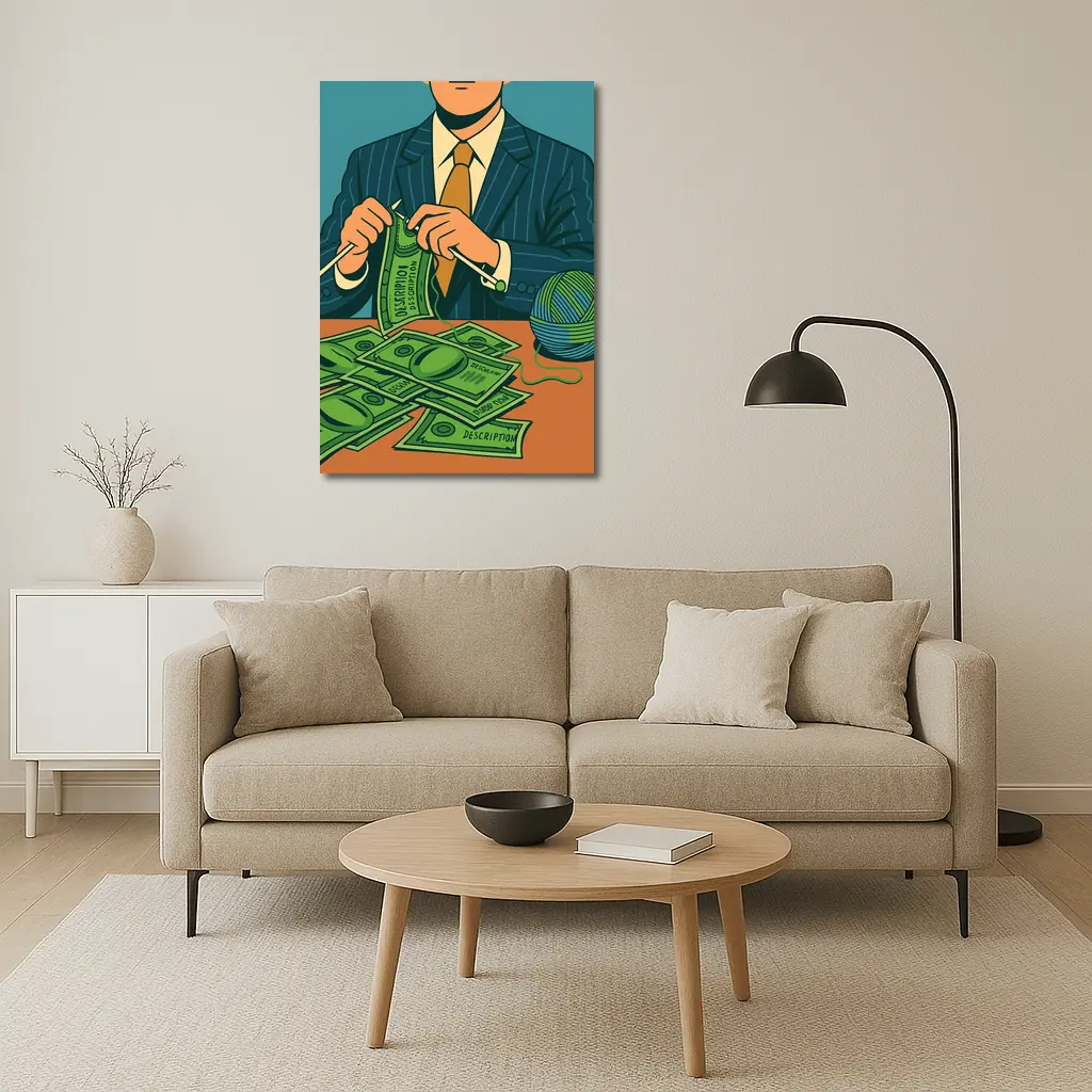 Businessman Knitting Money Bills Dark Illustration – Wall Art