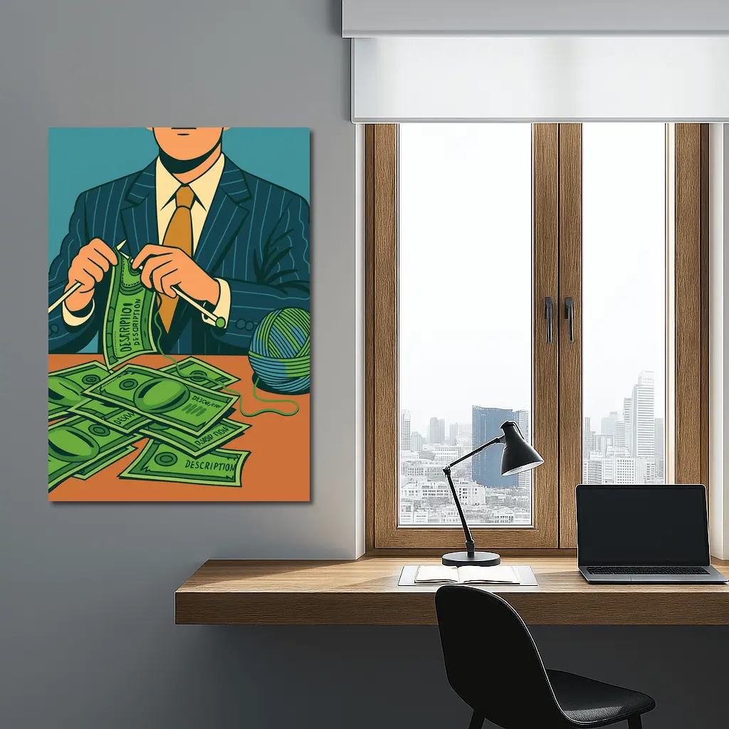 Businessman Knitting Money Bills Dark Illustration – Wall Art