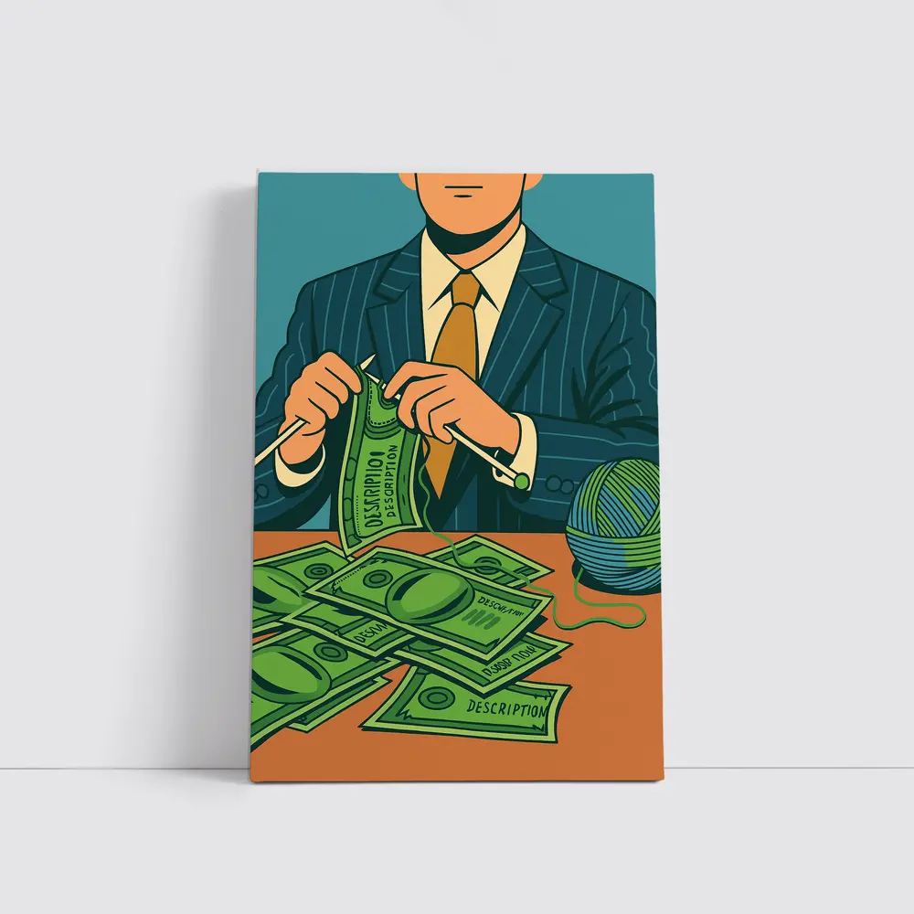 Businessman Knitting Money Bills Dark Illustration – Wall Art