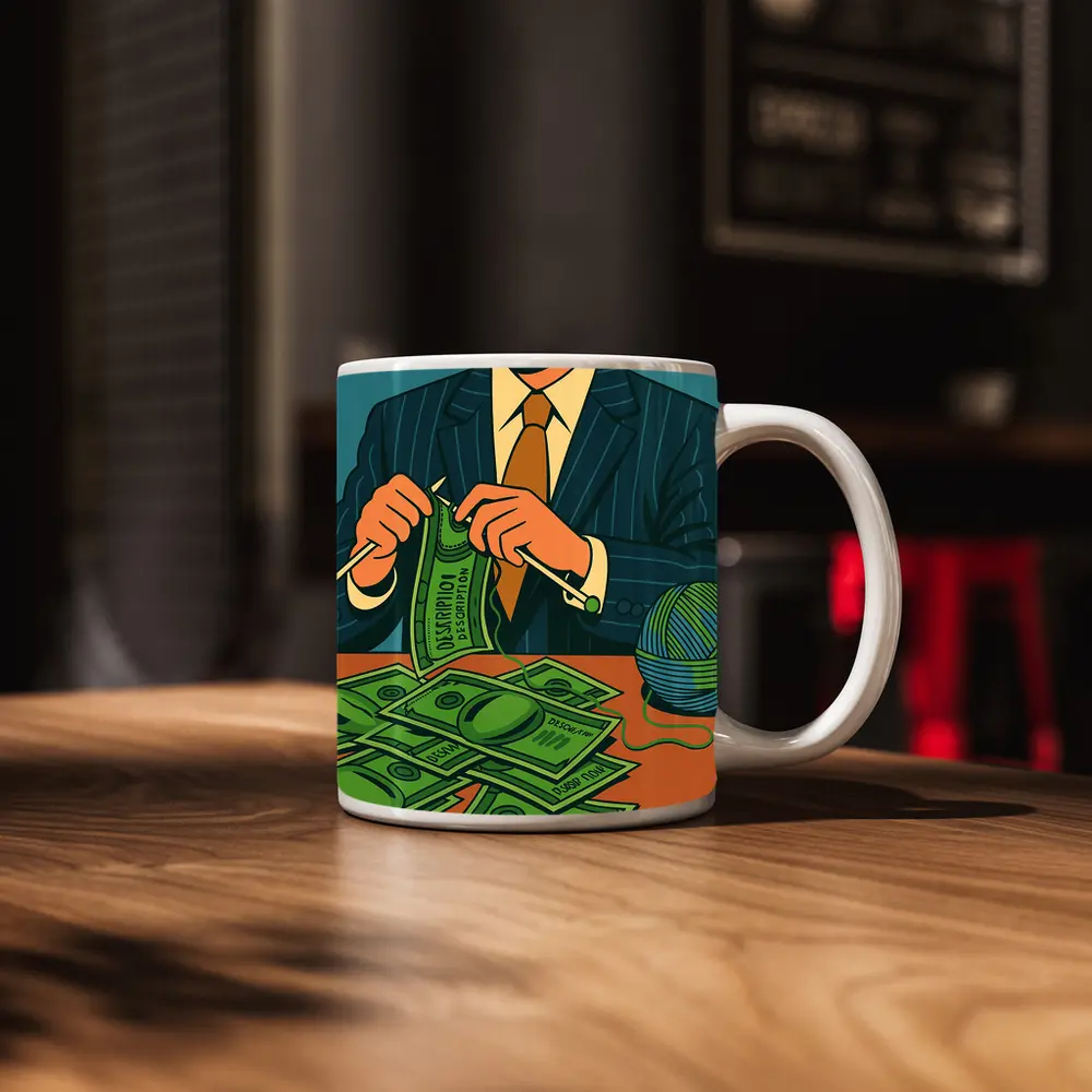 Businessman Knitting Money Bills Dark Illustration – Mugs