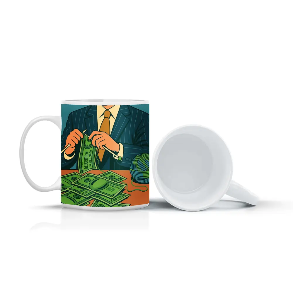 Businessman Knitting Money Bills Dark Illustration – Mugs