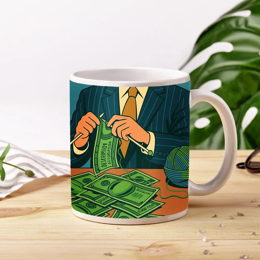 Businessman Knitting Money Bills Dark Illustration – Mugs