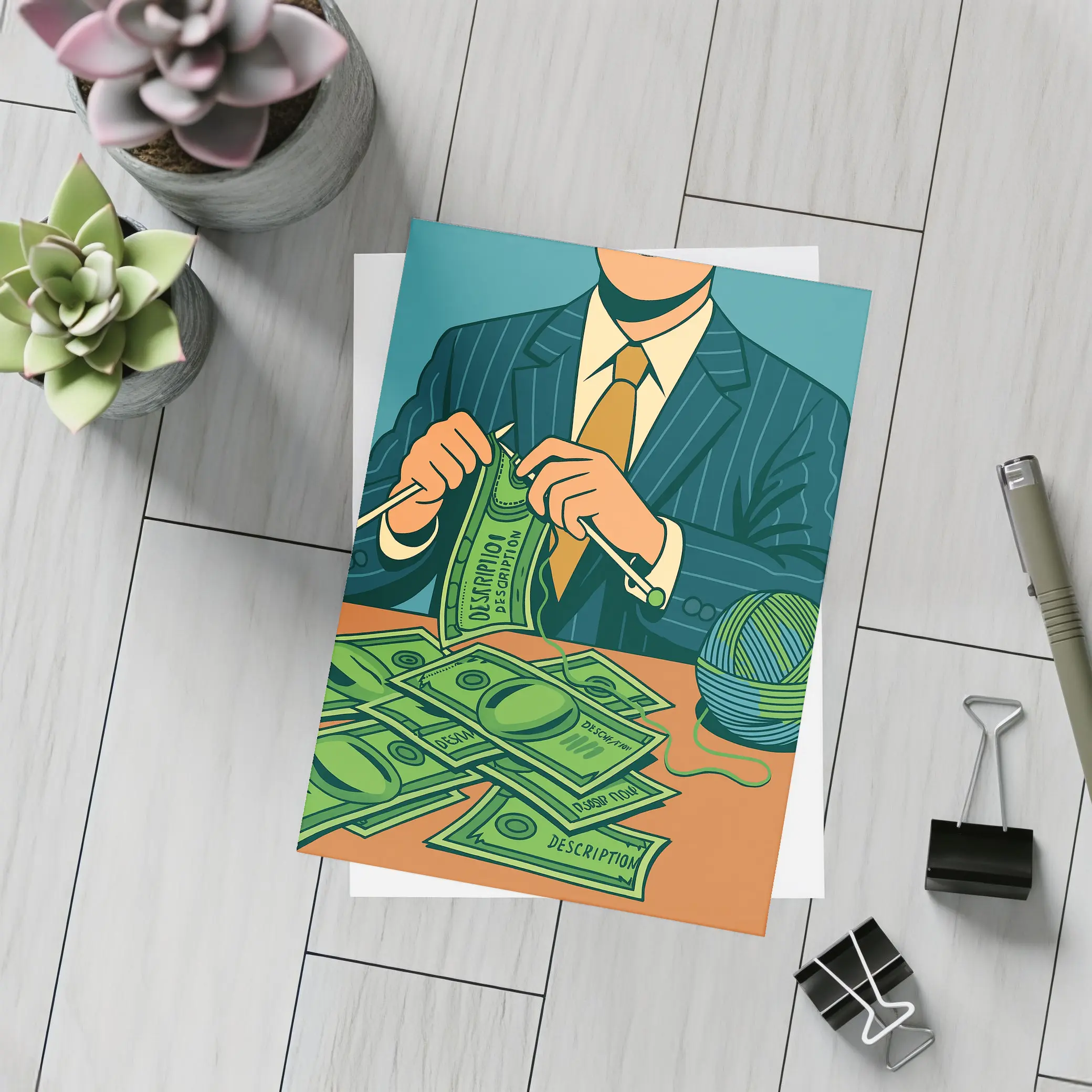 Businessman Knitting Money Bills Dark Illustration – Postcards