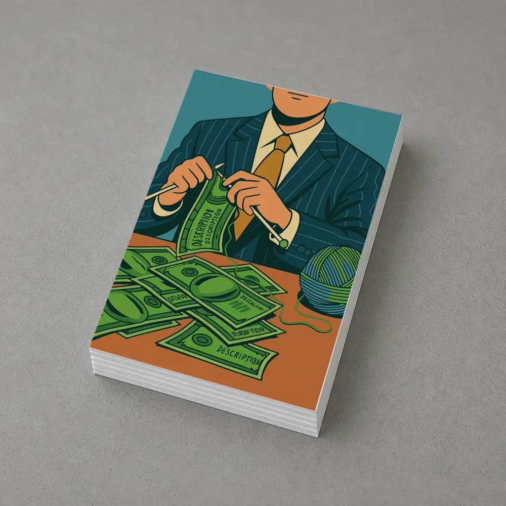 Businessman Knitting Money Bills Dark Illustration – Postcards