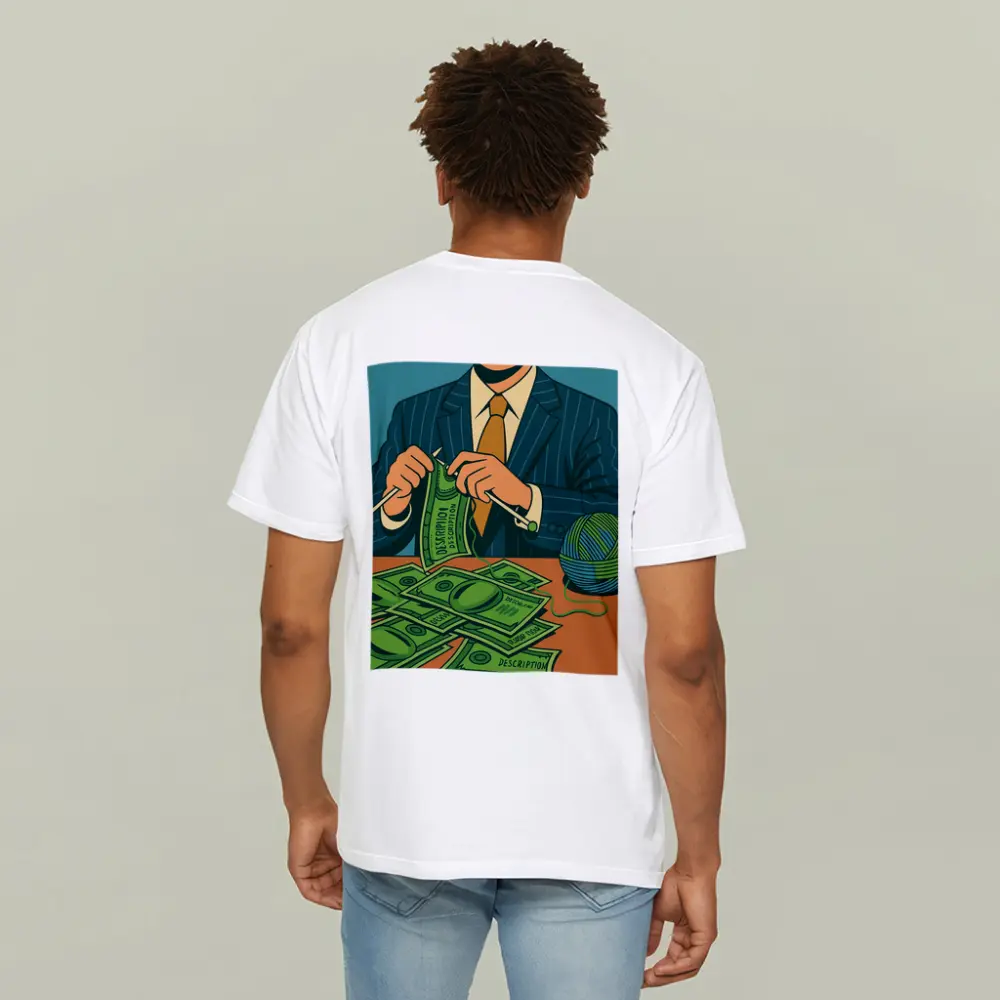 Businessman Knitting Money Bills Dark Illustration – T-Shirts