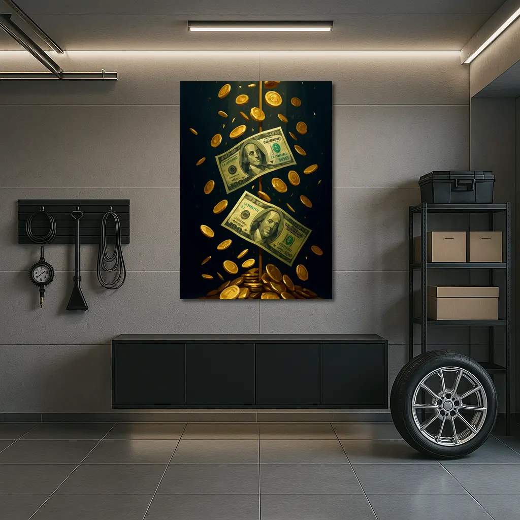 Dollar Bills Gold Coins Dark Background – Wall Art