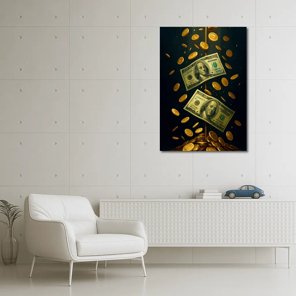 Dollar Bills Gold Coins Dark Background – Wall Art