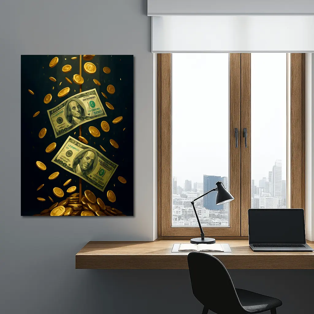 Dollar Bills Gold Coins Dark Background – Wall Art