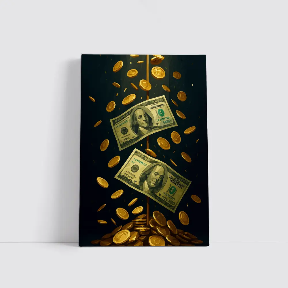 Dollar Bills Gold Coins Dark Background – Wall Art