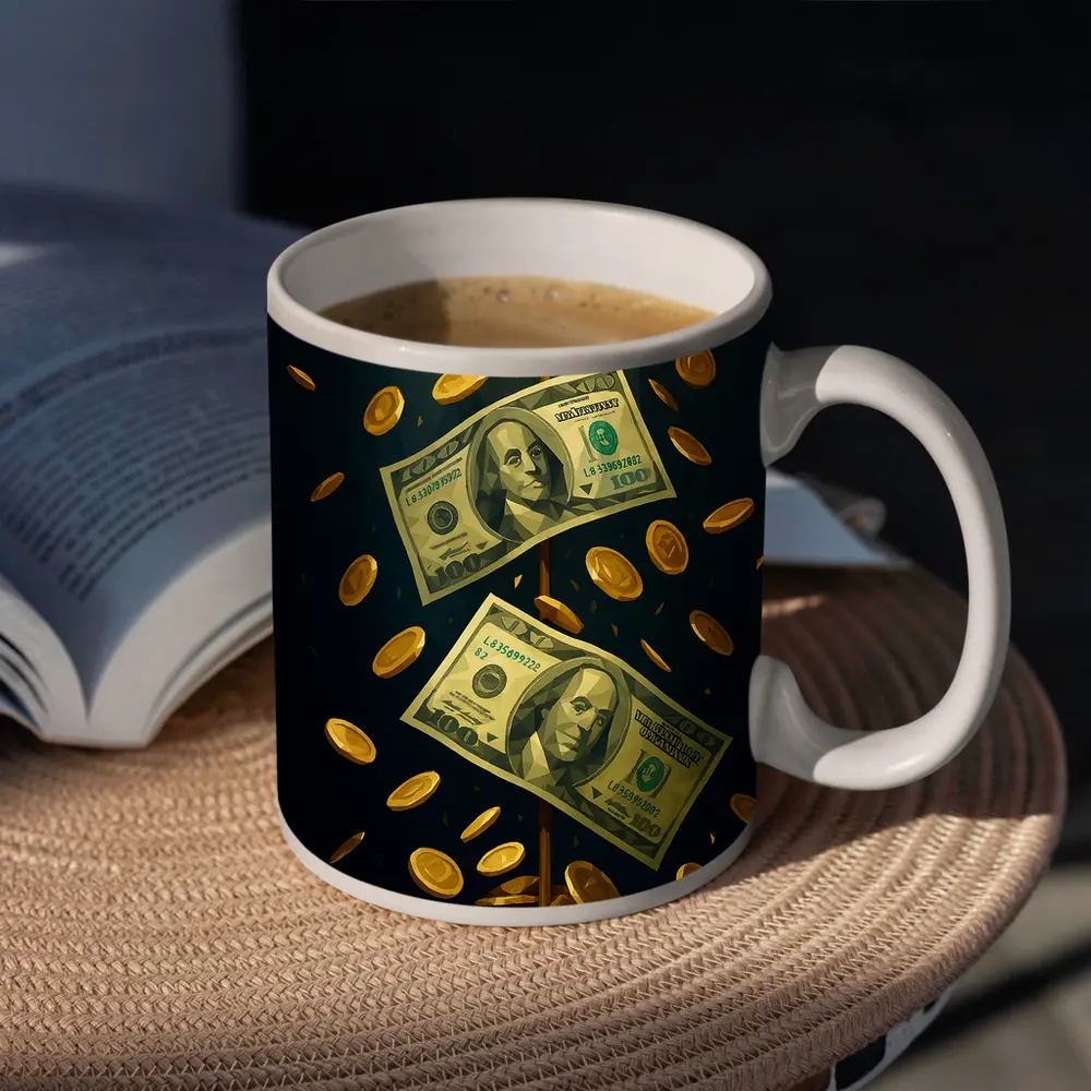 Dollar Bills Gold Coins Dark Background – Mugs