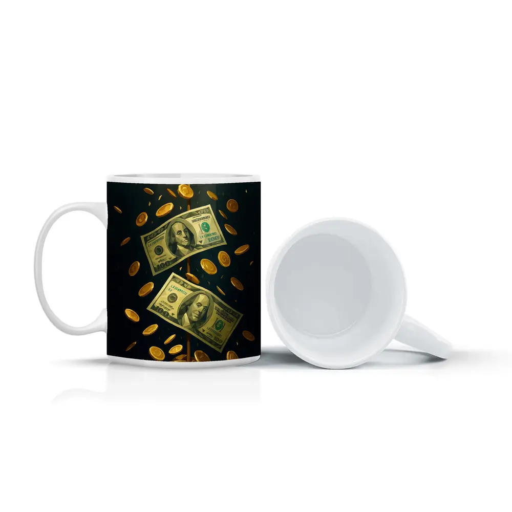 Dollar Bills Gold Coins Dark Background – Mugs