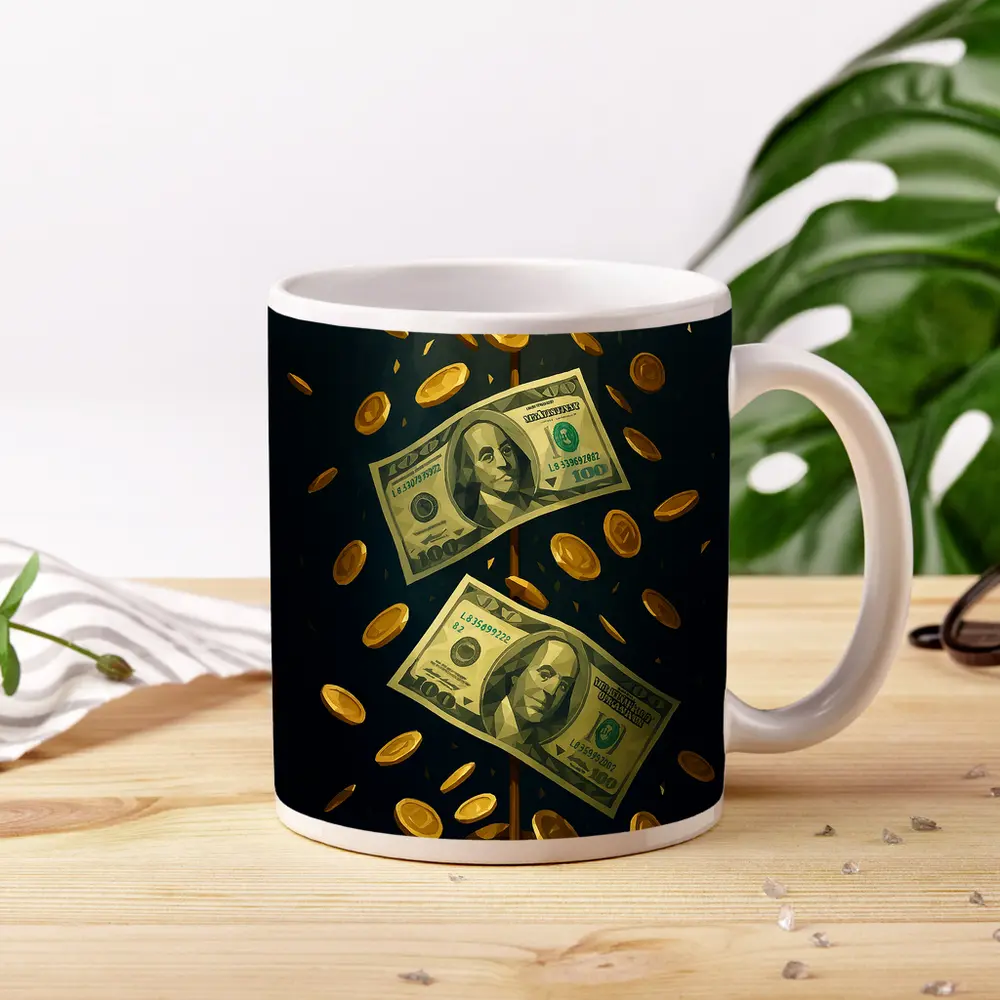 Dollar Bills Gold Coins Dark Background – Mugs