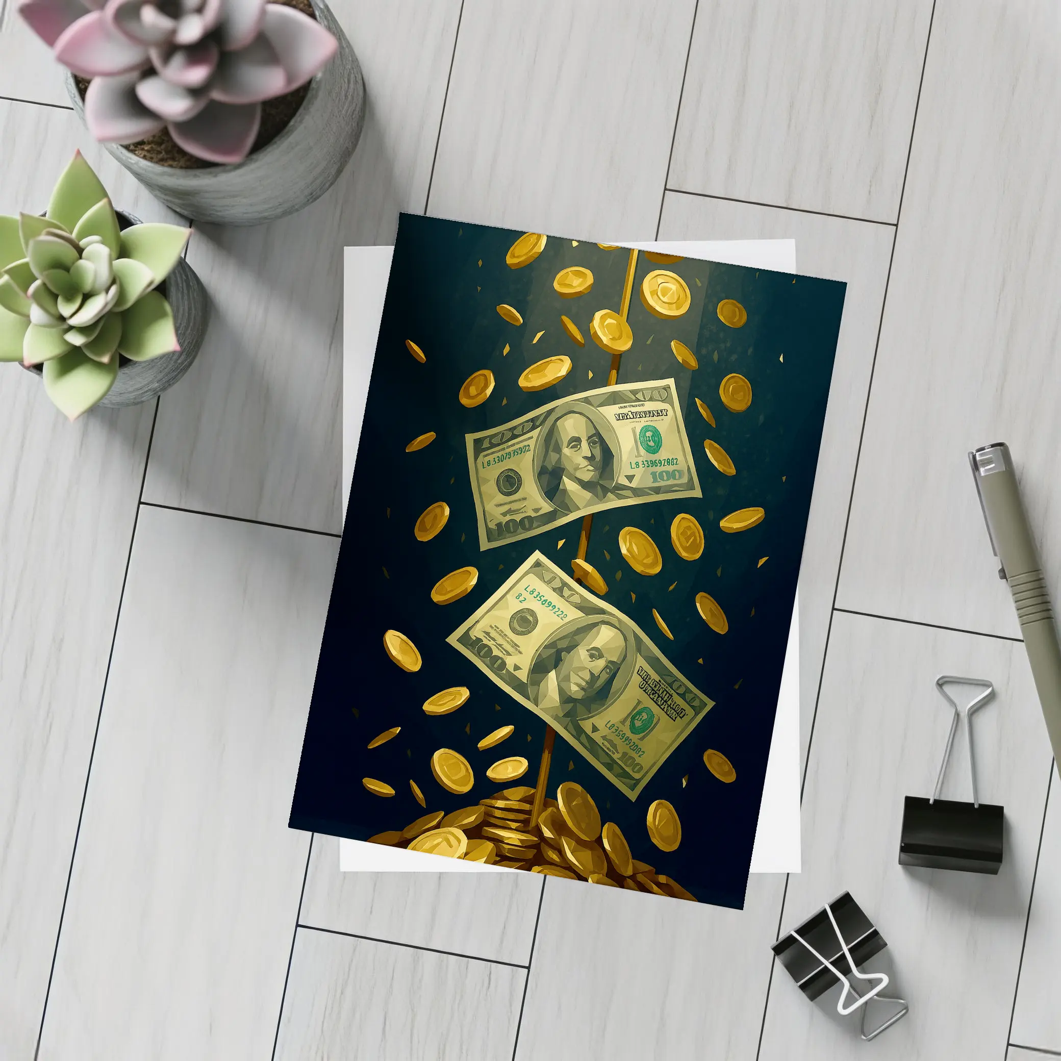 Dollar Bills Gold Coins Dark Background – Postcards