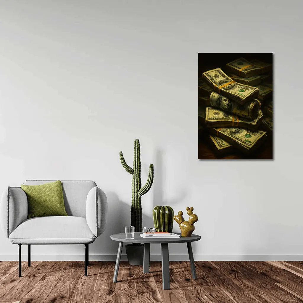 Stacked Hundred Dollar Bills Dark Background – Wall Art