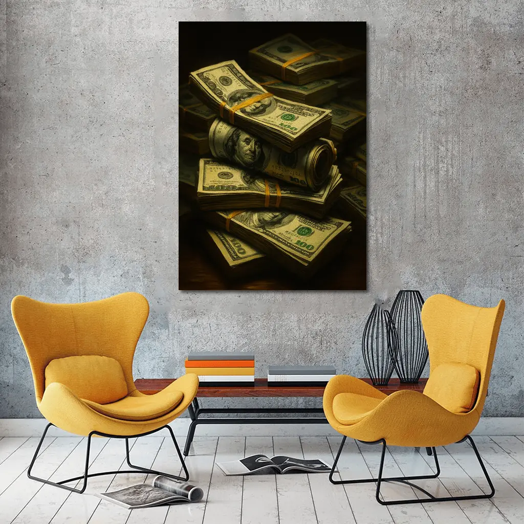 Stacked Hundred Dollar Bills Dark Background – Wall Art