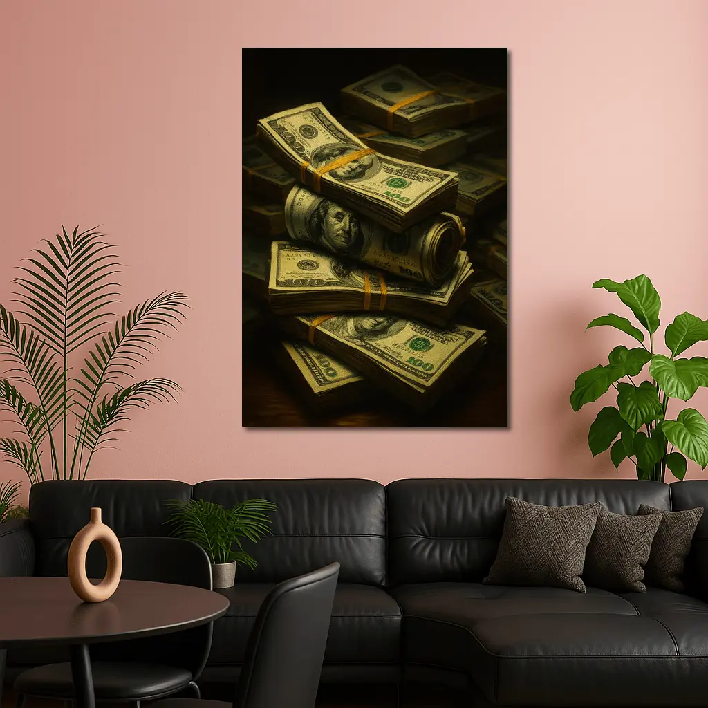 Stacked Hundred Dollar Bills Dark Background – Wall Art