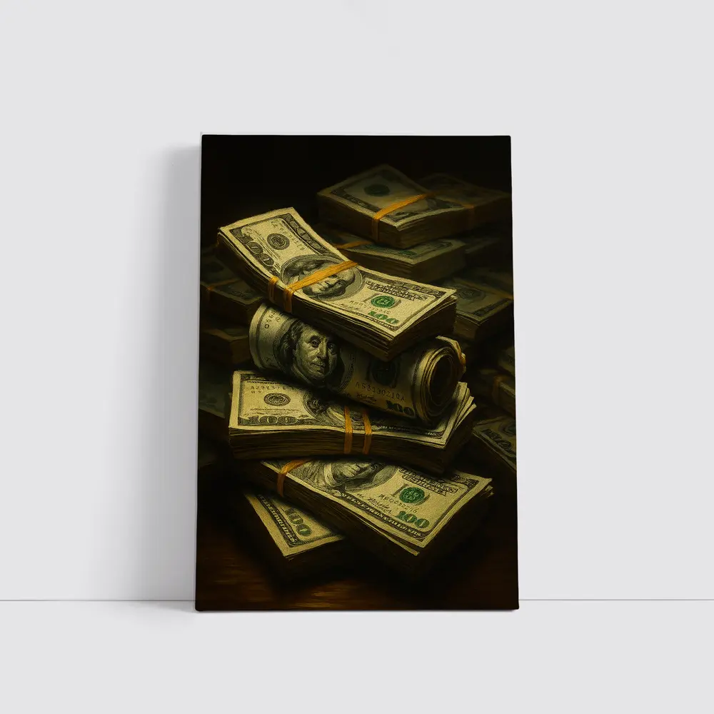 Stacked Hundred Dollar Bills Dark Background – Wall Art