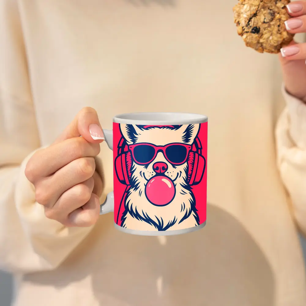 Cool Corgi Dog Bubblegum Sunglasses Pink Background – Mugs