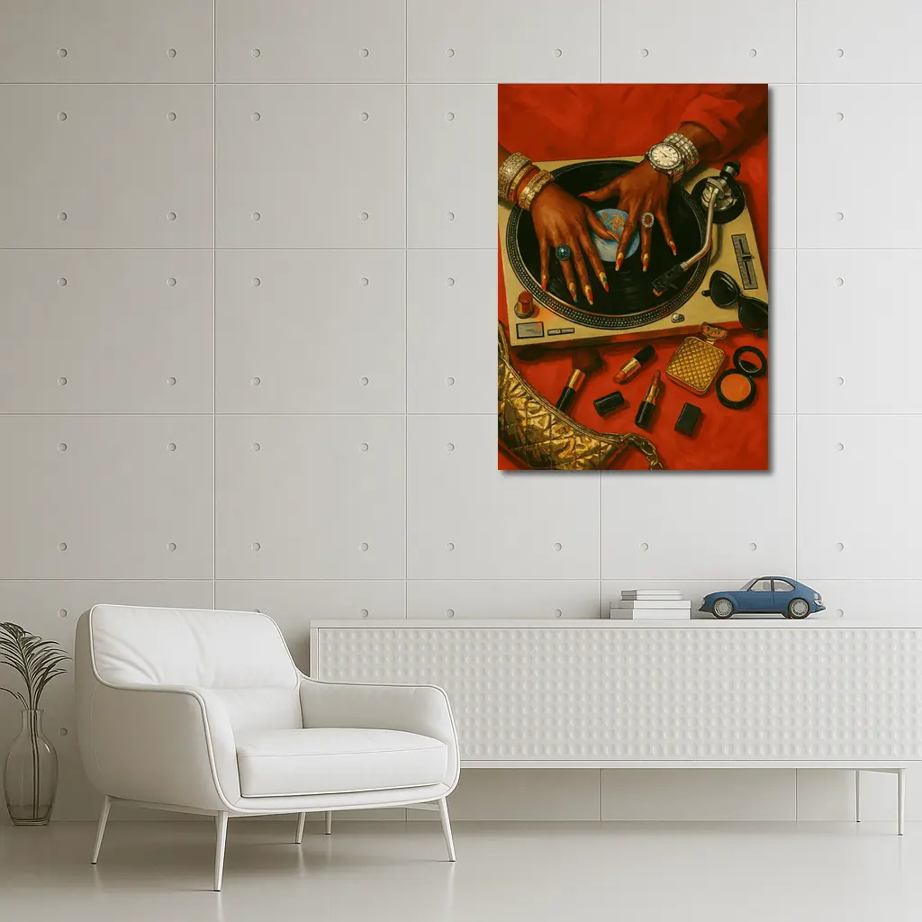 DJ Woman Hands Spinning Vinyl Record Gold – Wall Art