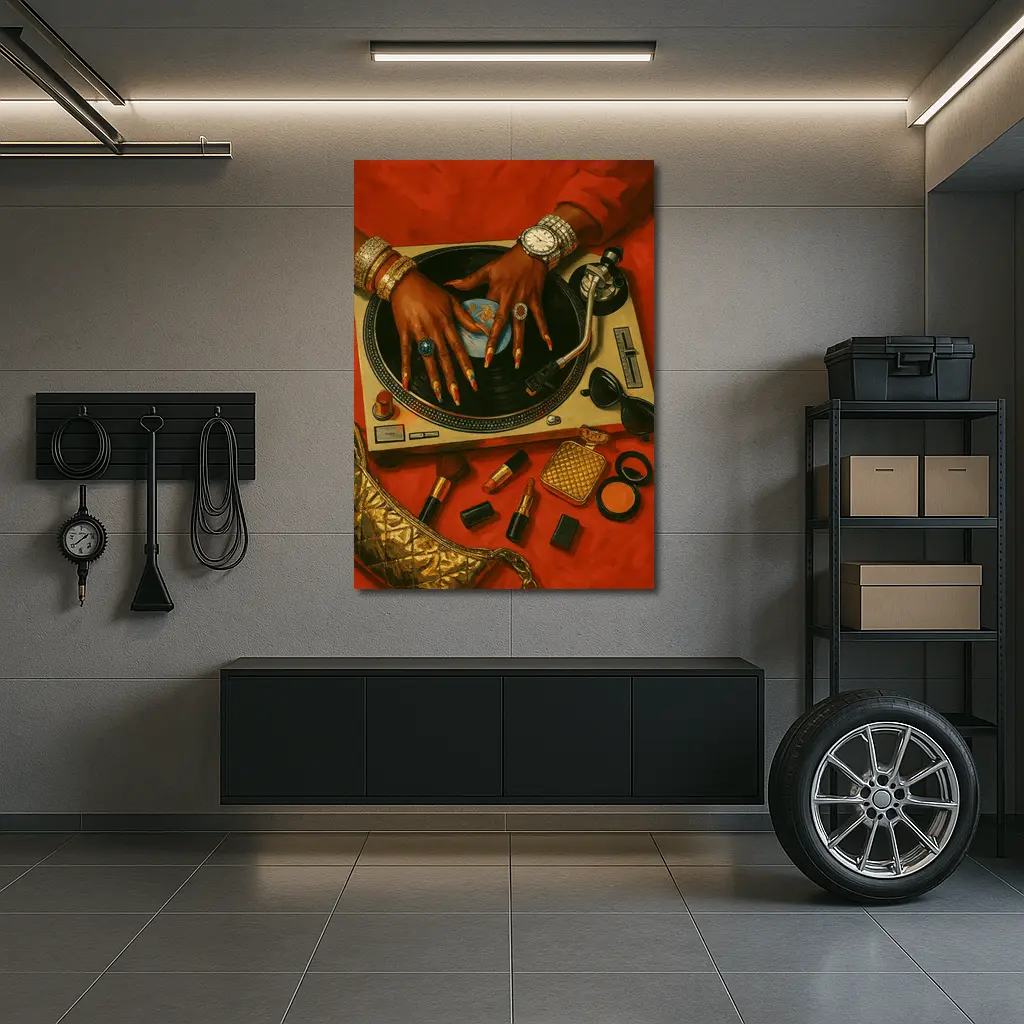 DJ Woman Hands Spinning Vinyl Record Gold – Wall Art