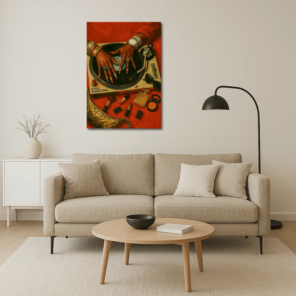 DJ Woman Hands Spinning Vinyl Record Gold – Wall Art