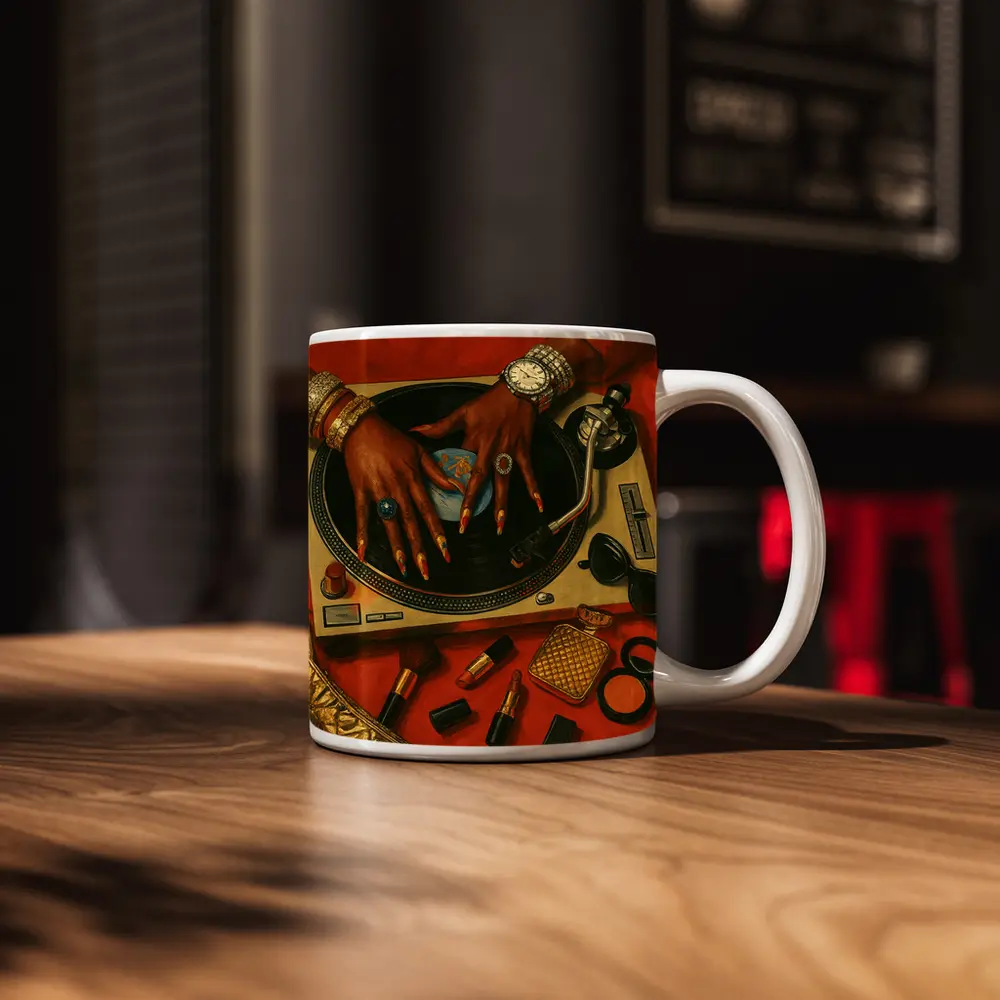 DJ Woman Hands Spinning Vinyl Record Gold – Mugs