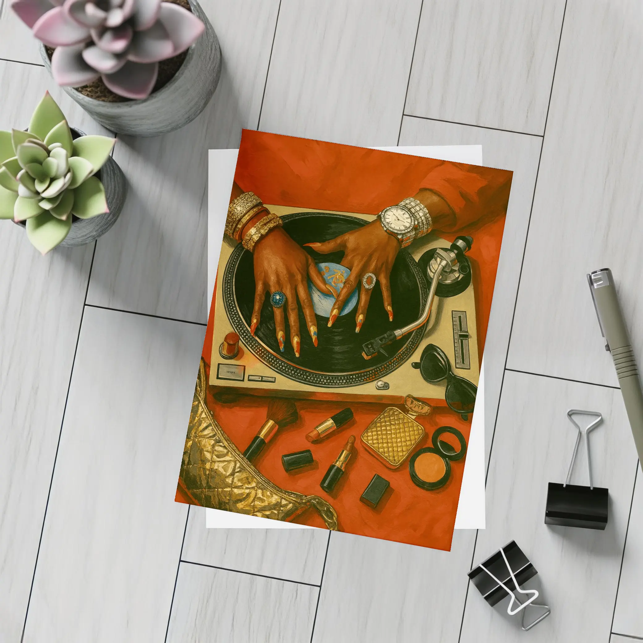 DJ Woman Hands Spinning Vinyl Record Gold – Postcards