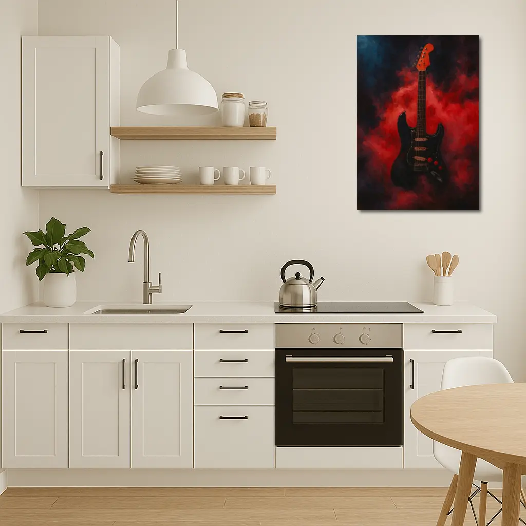 Black Electric Guitar Red Smoke Painting – Wall Art