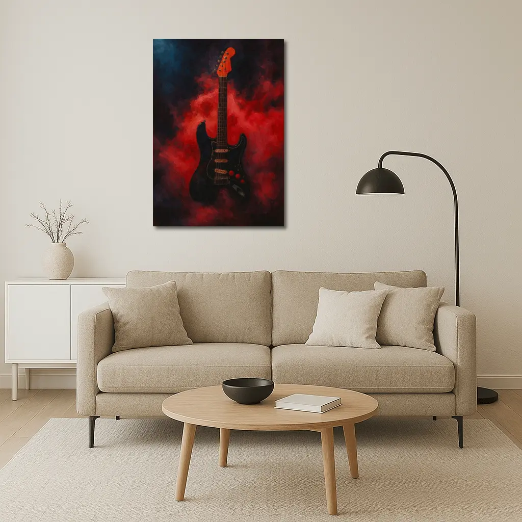 Black Electric Guitar Red Smoke Painting – Wall Art